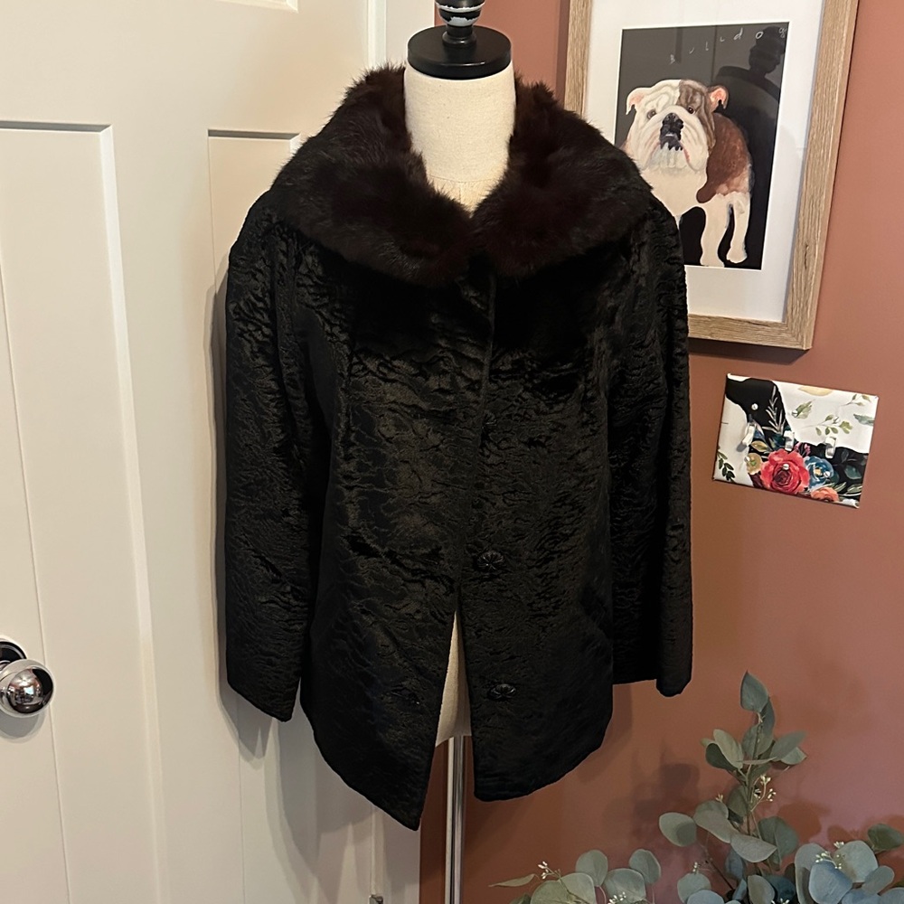 Vintage Winter textured velvet mink Fur collar pockets button M 3/4 sleeve Coat